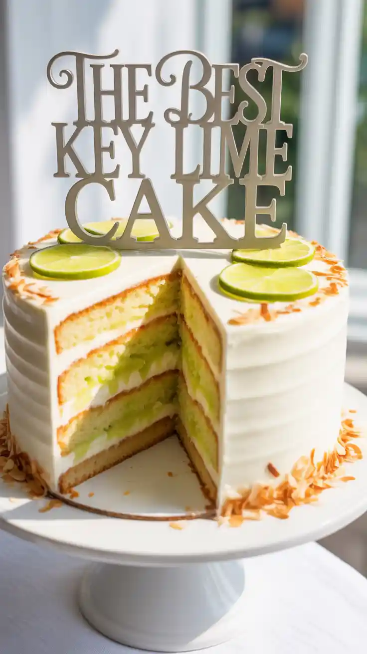 A beautiful Key lime layer cake on a stand with a slice removed, with the text "The Best Key Lime Cake" overlaid.