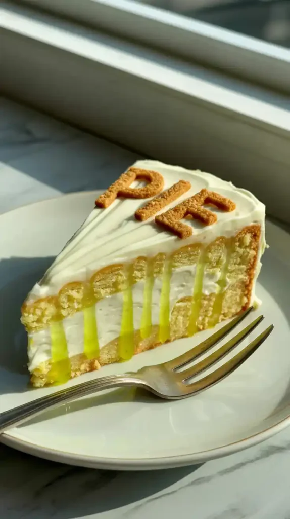 A close-up photo of a slice of Key lime cake, showcasing its moist texture and rich cream cheese frosting layer.