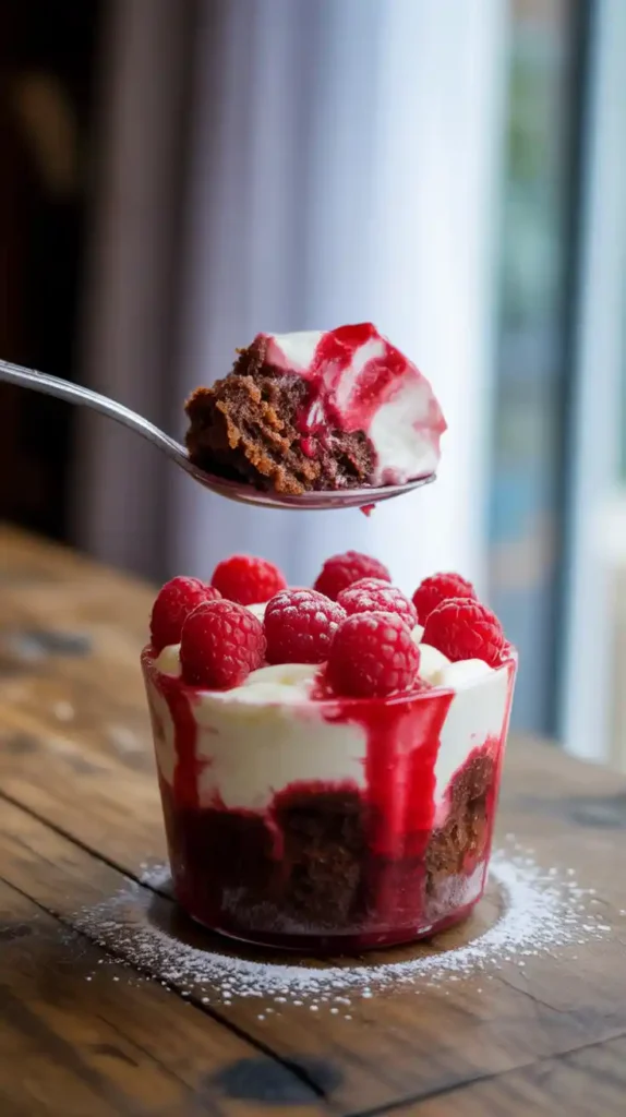 "A close-up action shot of a spoon taking a bite out of a layered cake to go cup."