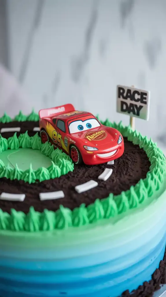 A close-up, low-angle shot of the cake, focusing on the Lightning McQueen toy car on the Oreo crumb racetrack. The camera is positioned as if it's on the track with the car, with the texture of the "road" and the green frosting "grass" in sharp detail.