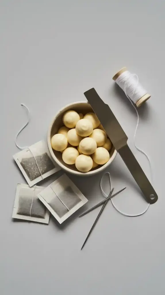 A minimalist flat lay of ingredients and tools for a Maison Margiela cake, including white chocolate, tea bags, and a bench scraper.