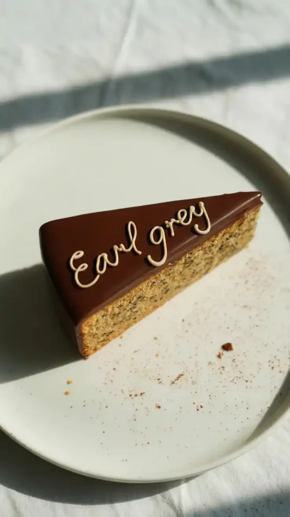An overhead shot of a single slice of the Maison Margiela cake, showing the Earl Grey flecked interior."
