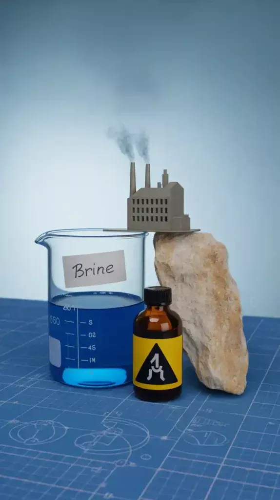 A humorous collage showing the "ingredients" for making baking soda: brine, limestone, ammonia, and a toy factory.
