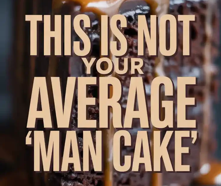 A Pinterest pin with the text "This is Not Your Average 'Man Cake'" over a photo of a decadent slice of chocolate whiskey cake.