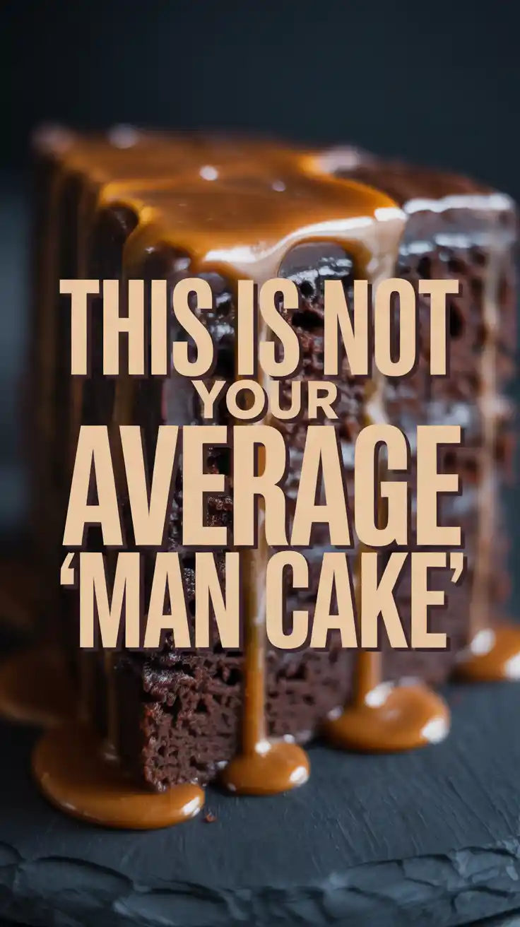 A Pinterest pin with the text "This is Not Your Average 'Man Cake'" over a photo of a decadent slice of chocolate whiskey cake.