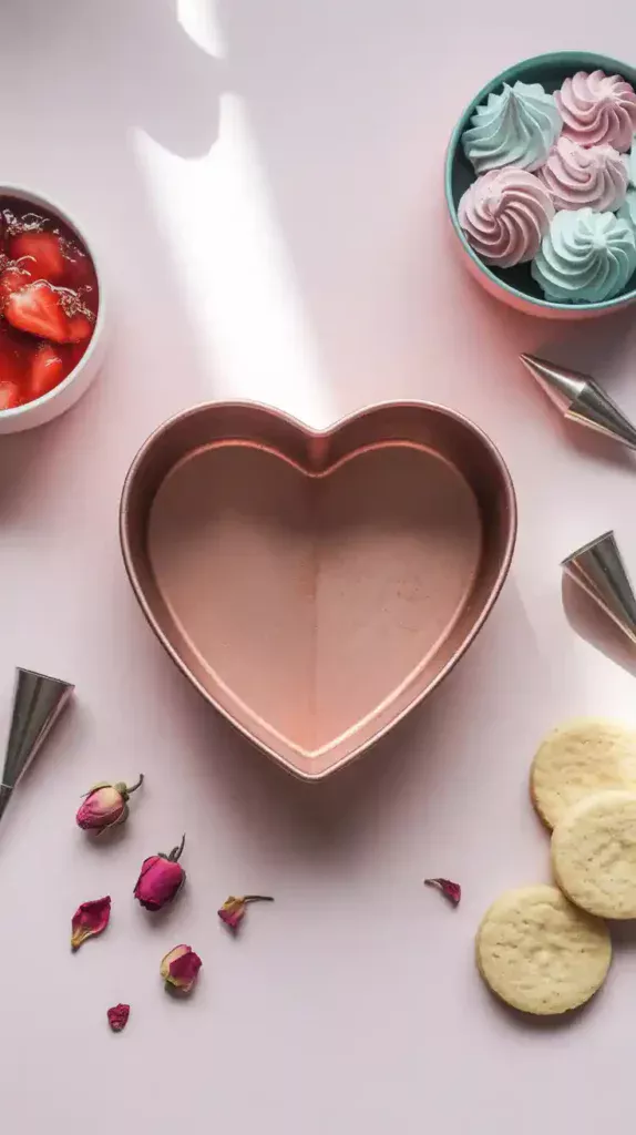 A flat lay of ingredients and tools for a Melanie Martinez cake, including a heart pan, strawberry puree, and pastel pink and blue frosting.

