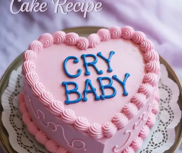 A Pinterest pin showing a pink heart-shaped Melanie Martinez "Cry Baby" cake with text overlay reading "Melanie Martinez Cake Recipe."