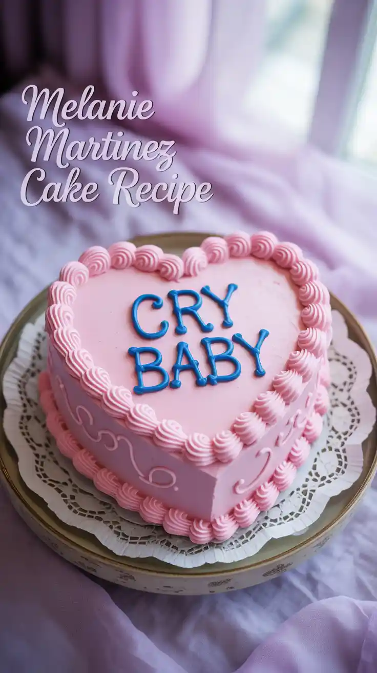A Pinterest pin showing a pink heart-shaped Melanie Martinez "Cry Baby" cake with text overlay reading "Melanie Martinez Cake Recipe."