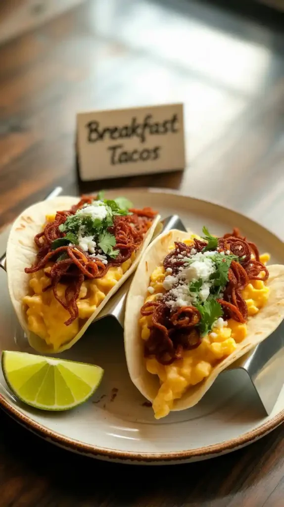 A close-up of two delicious breakfast tacos filled with scrambled eggs and crispy air-fried chorizo."