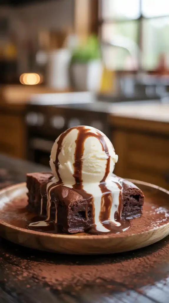 A decadent microwave brownie topped with a scoop of melting vanilla ice cream and a drizzle of chocolate sauce."