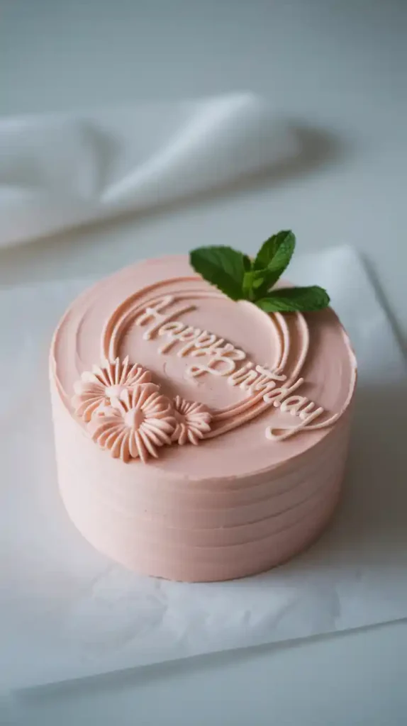 A close-up, detailed photo of a minimalist pink bento cake, focusing on the smooth frosting and piped decorations.