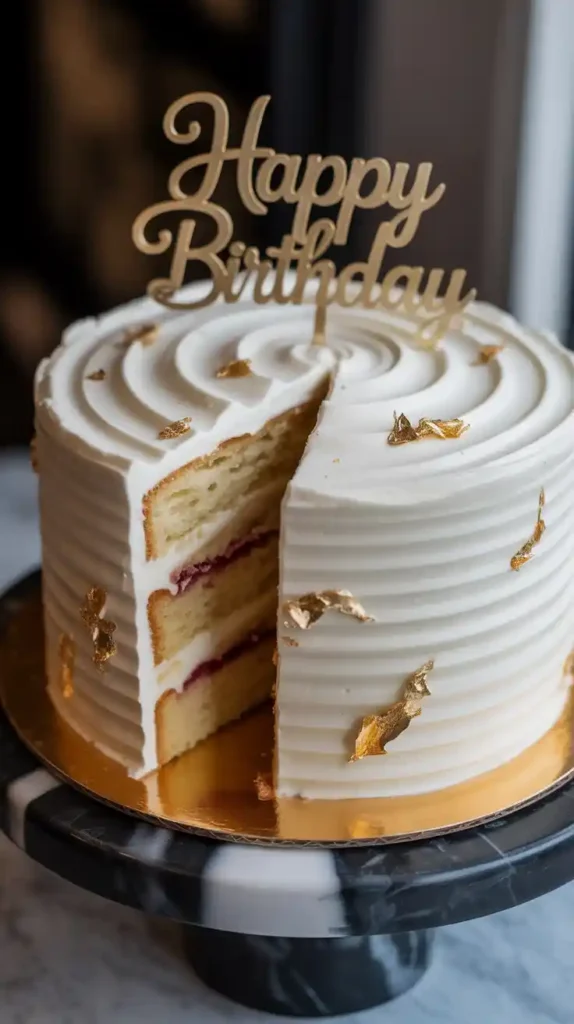 A close-up photo of a modern birthday cake, focusing on the smooth frosting, gold leaf details, and the cake's interior crumb.