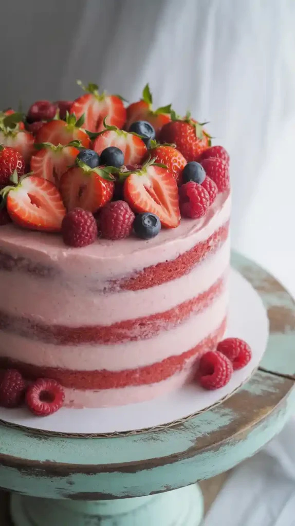 "A close-up of a rustic, semi-naked pink strawberry cake, with the layers peeking through and a generous pile of fresh berries on top."