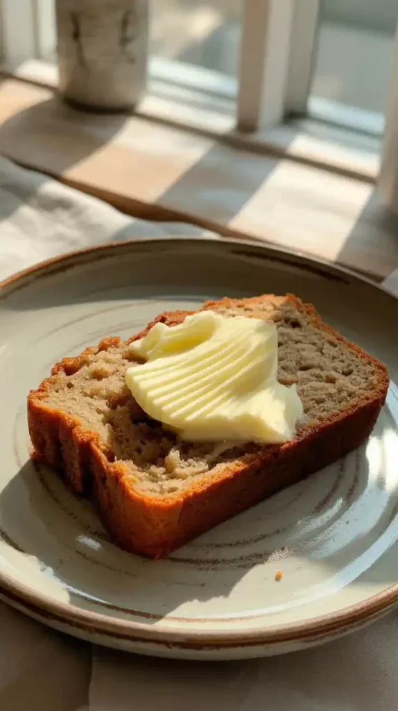 A close-up of a thick, moist slice of banana bread with a pat of salted butter melting into the tender crumb."
