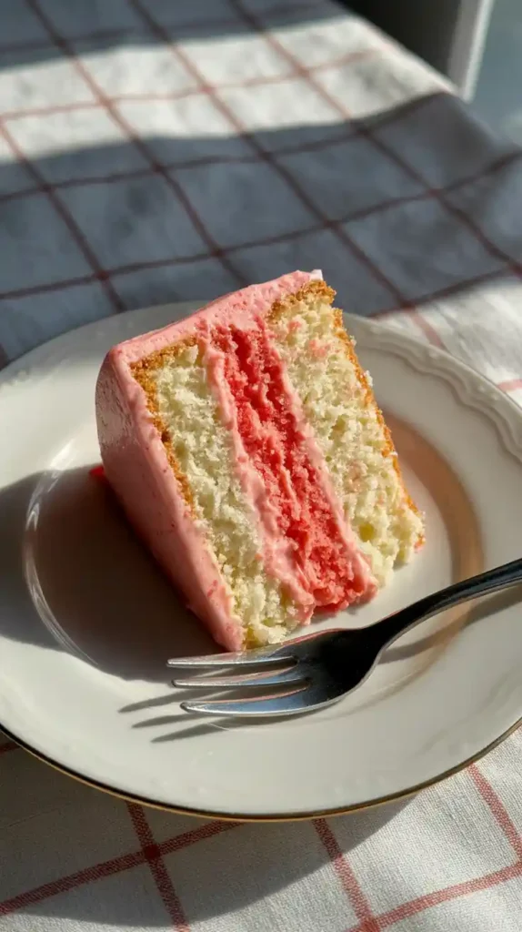 A close-up of a slice of moist strawberry cake showing the fluffy pink layers and buttercream frosting."