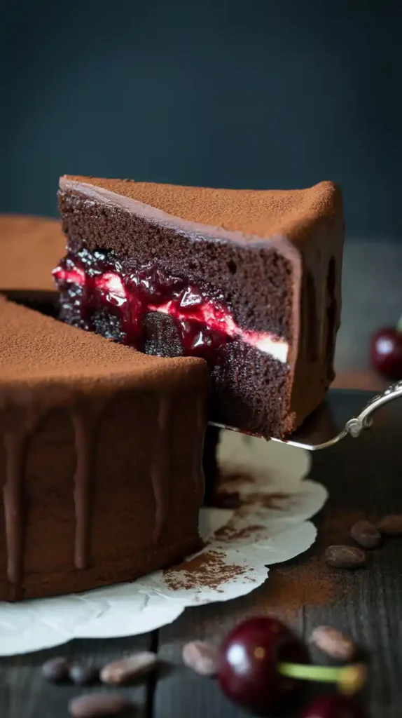 "A dramatic close-up of a slice being cut from a black cake, revealing a vibrant red cherry filling that 'bleeds' out