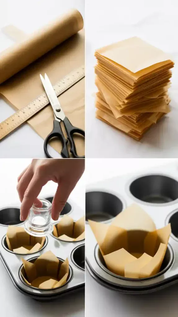  A four-part collage showing the process of making DIY muffin liners from parchment paper, from cutting squares to folding them.