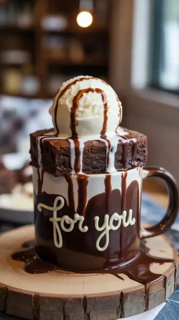 A decadent mug brownie topped with a scoop of melting vanilla ice cream and a drizzle of chocolate sauce."