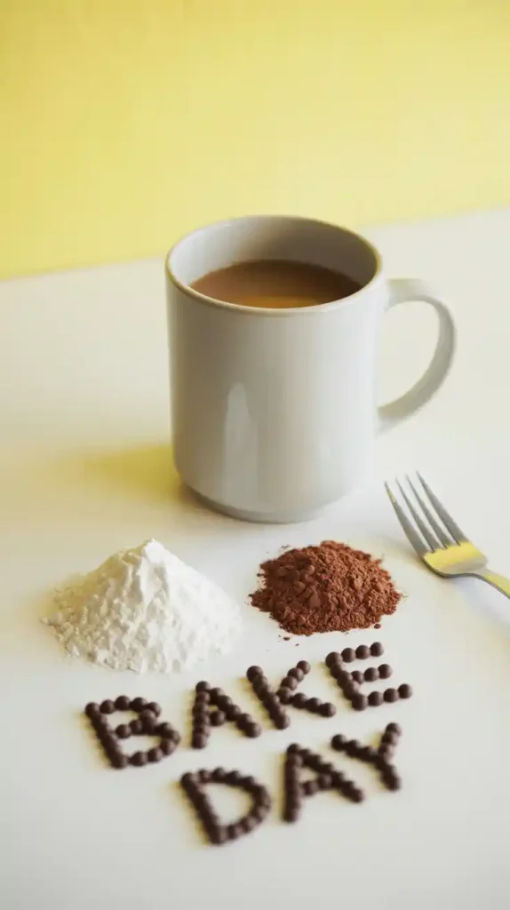  A flat lay collage showing the simple ingredients for a mug brownie: a mug, a fork, flour, sugar, cocoa powder, and chocolate chips.

