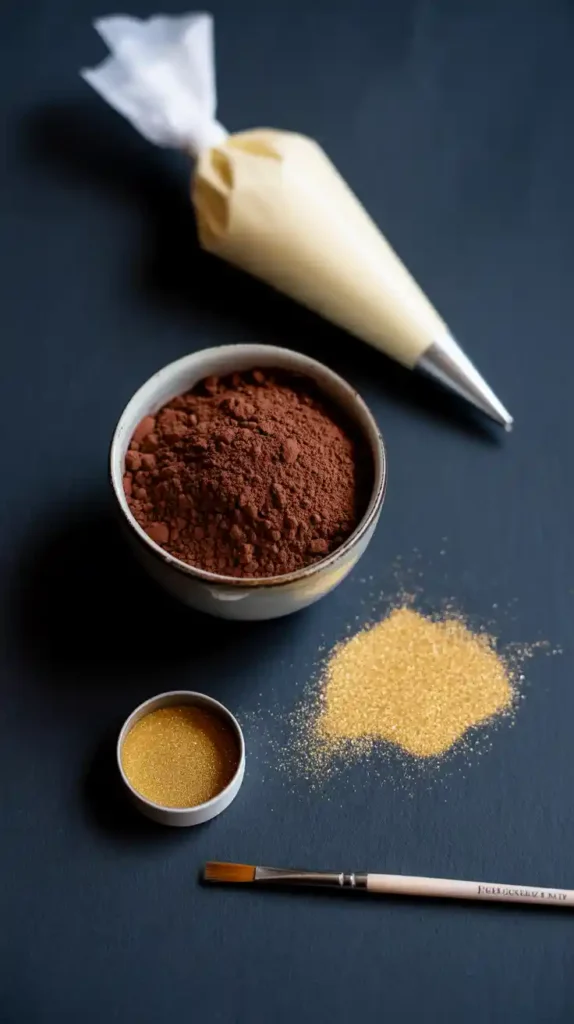 A flat lay collage showing the key decorating elements for a New Year's clock cake: black cocoa, gold glitter, and a piping bag