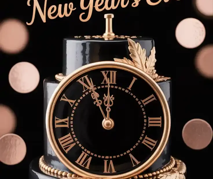 A Pinterest pin with the text "The Only Cake You Need This New Year's Eve" over a photo of a glamorous black and gold New Year's cake.