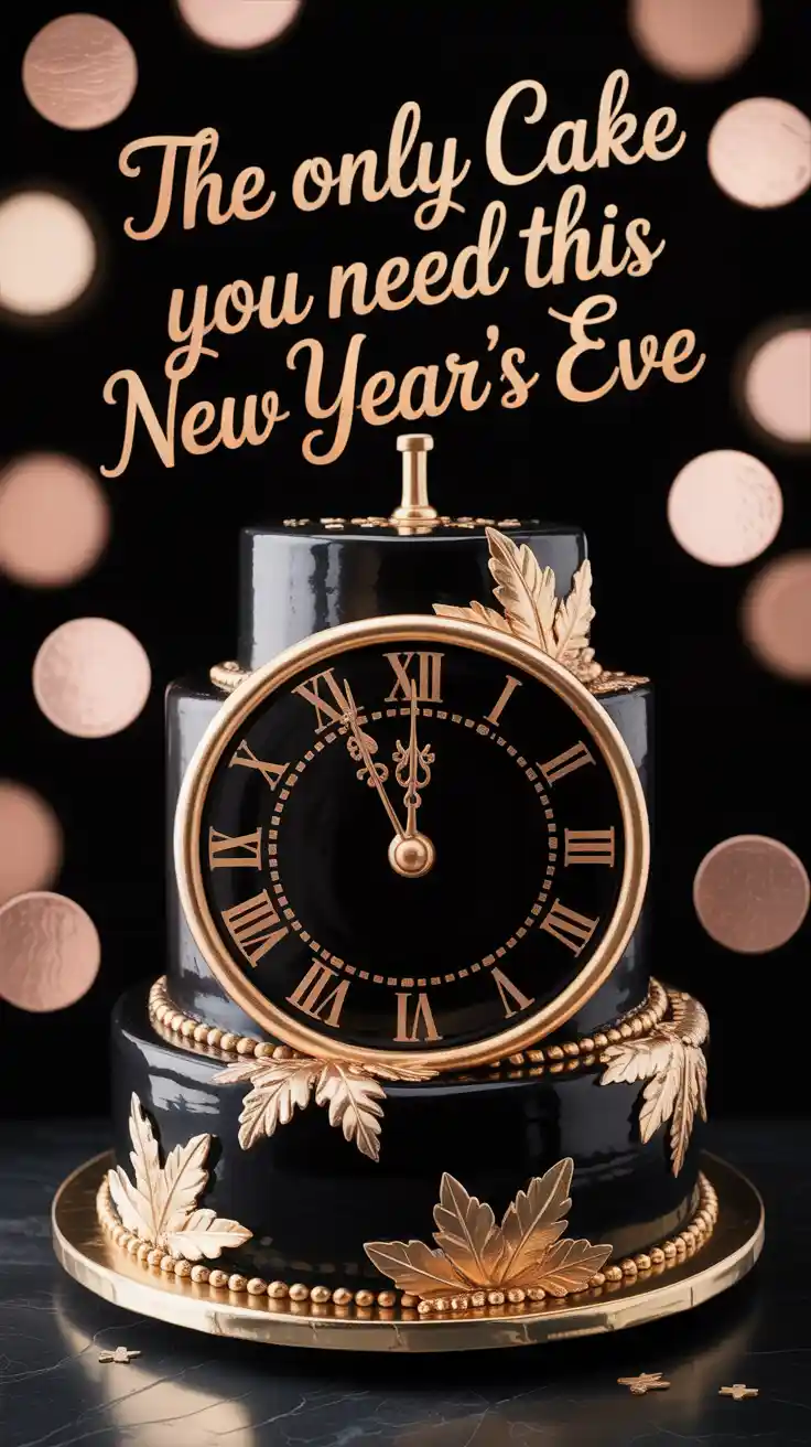 A Pinterest pin with the text "The Only Cake You Need This New Year's Eve" over a photo of a glamorous black and gold New Year's cake.