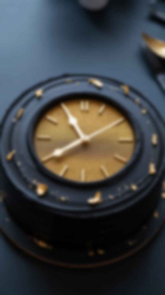 "A close-up overhead shot of the golden clock face detail on a New Year's Eve cake."