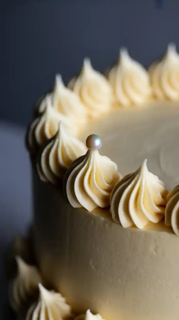 A close-up macro shot showing the intricate, layered 3D piping details on a vintage-style cake."