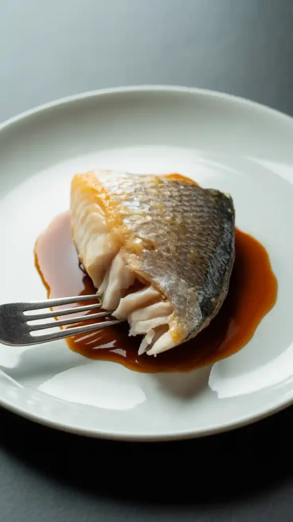 A close-up of a perfectly cooked dorado fillet on a plate, with a fork flaking the moist, white meat to show its texture."