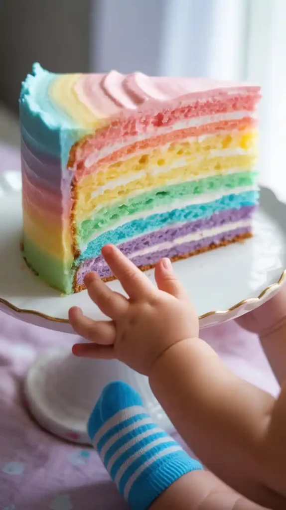 A close-up of a slice of cake revealing the beautiful, soft pastel rainbow layers inside, perfect for a baby girl's first birthday."