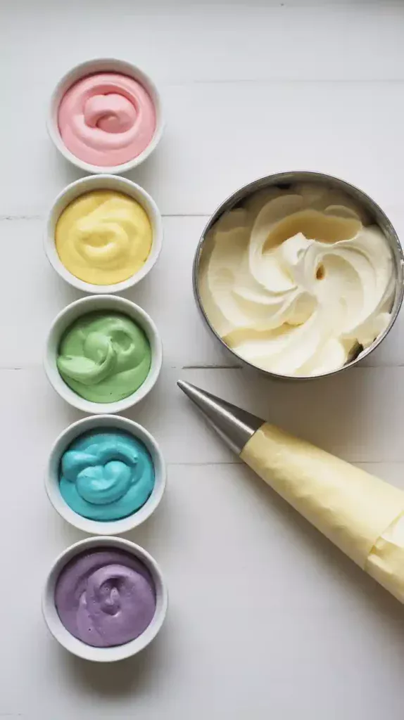 A flat lay collage showing bowls of pastel-colored cake batter and white frosting, ready for making a baby girl's birthday cake.