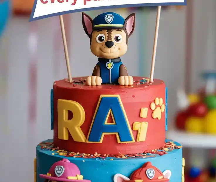 A Pinterest pin with the text "The PAWsome Birthday Cake HACK Every Parent Needs!" over a photo of a fun Paw Patrol themed birthday cake.