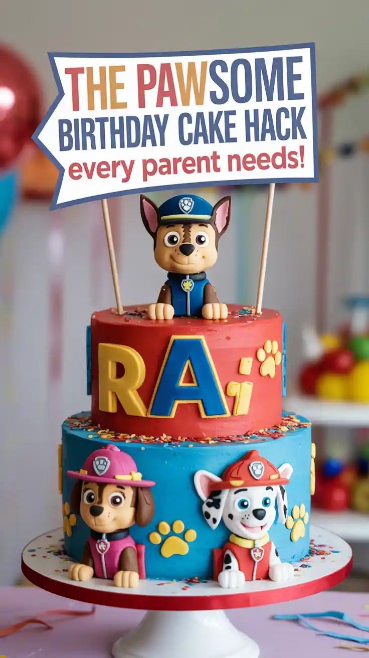 A Pinterest pin with the text "The PAWsome Birthday Cake HACK Every Parent Needs!" over a photo of a fun Paw Patrol themed birthday cake.