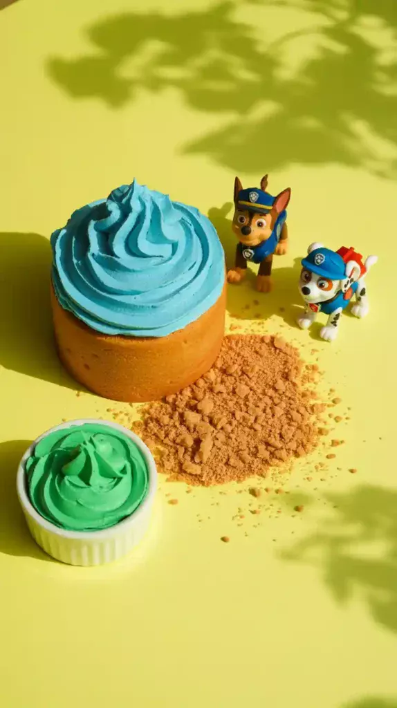  A flat lay collage showing the elements for a Paw Patrol birthday cake: colored frosting, crushed graham crackers, and toy figurines.


