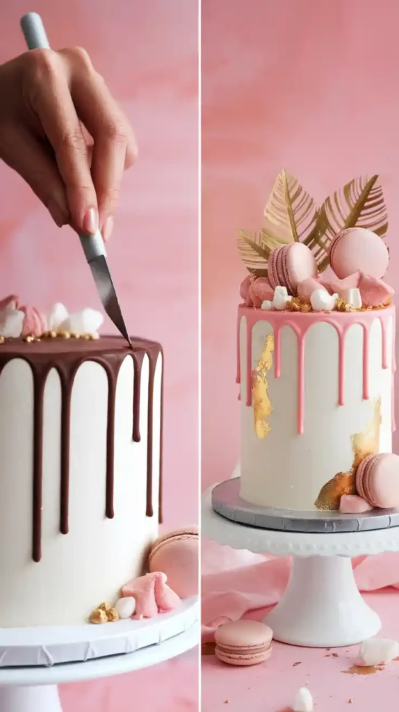 Two images showing the process of applying a chocolate drip and a finished glam-themed 13 birthday cake.