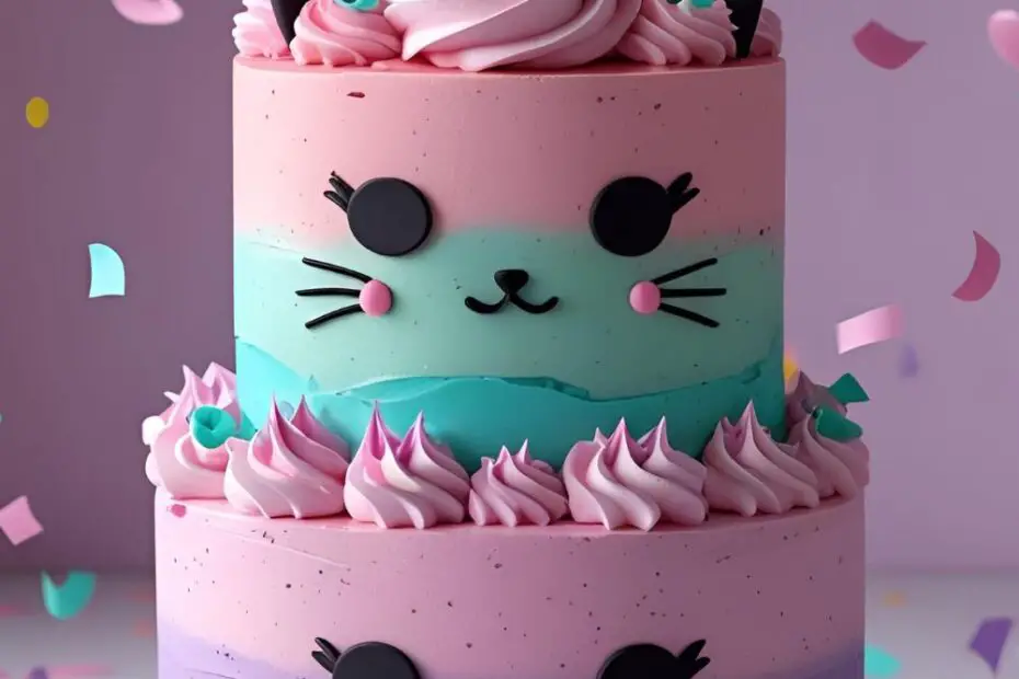 A cute pastel cake with black cat ears and the text overlay "The Ultimate Gabby's Dollhouse Cake Tutorial!".