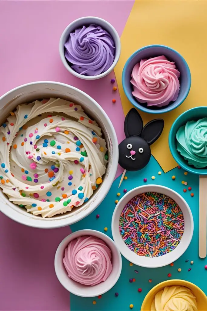 A collage of ingredients and decorations for a Gabby's Dollhouse cake, including colorful frosting and a black cat ear.