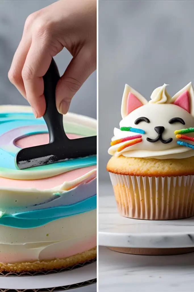 Two images showing the process of frosting a Gabby's Dollhouse cake and a finished Cakey Cat cupcake variant.