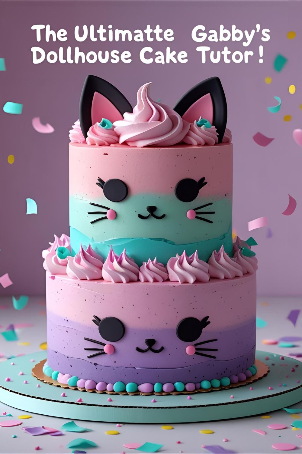 A cute pastel cake with black cat ears and the text overlay "The Ultimate Gabby's Dollhouse Cake Tutorial!".