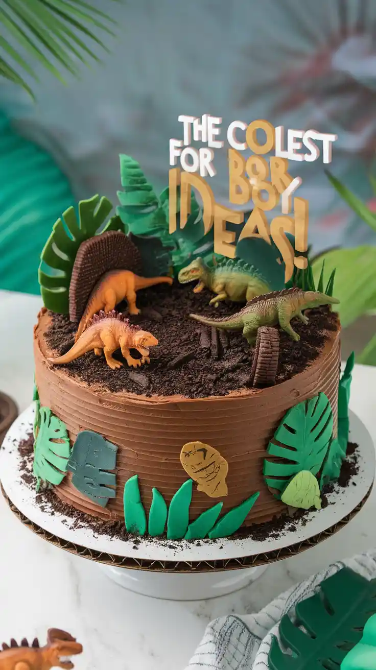 The COOLEST Cake for Boy Ideas!". Alt Text: A fun dinosaur-themed birthday cake with the text overlay "The COOLEST Cake for Boy Ideas!".