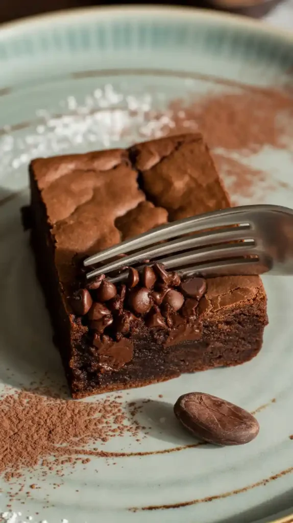 "A close-up of a single, thick brownie made from a doctored mix, broken to show the incredibly dense and fudgy interior."