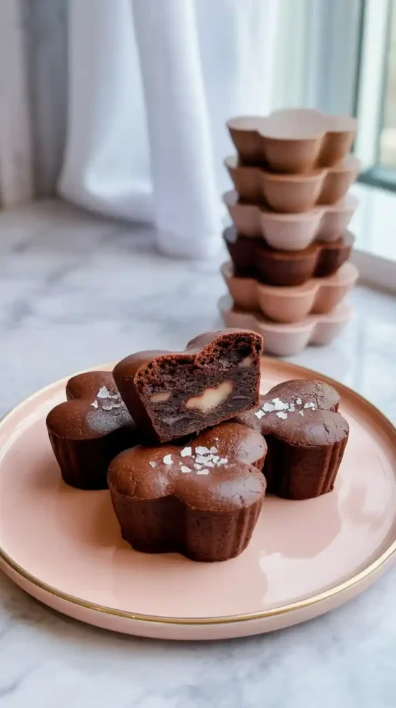 A styled shot of several perfectly formed, heart-shaped brownie bites on a plate, with one broken open to show the fudgy center."