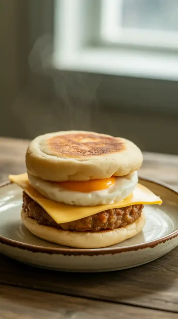 A close-up of a delicious breakfast sandwich made with a crispy, air-fried English muffin, egg, cheese, and sausage."