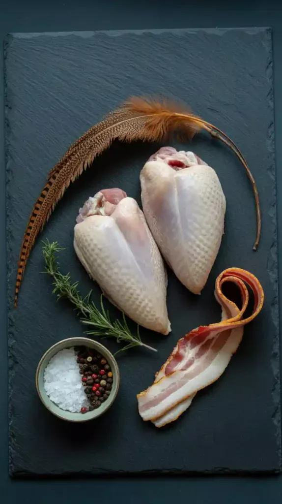 A flat lay collage showing the ingredients for cooking pheasant: raw pheasant breasts, fresh herbs, seasoning, and bacon.