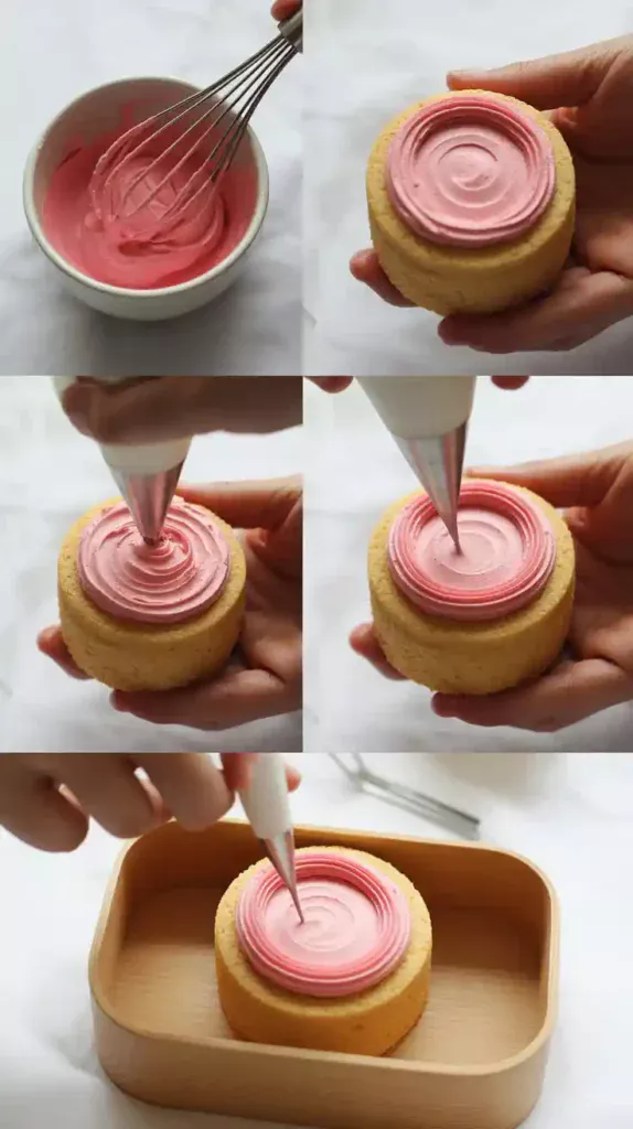 A four-part collage showing the steps of making and decorating a pink bento cake, from mixing the frosting to placing it in the box.