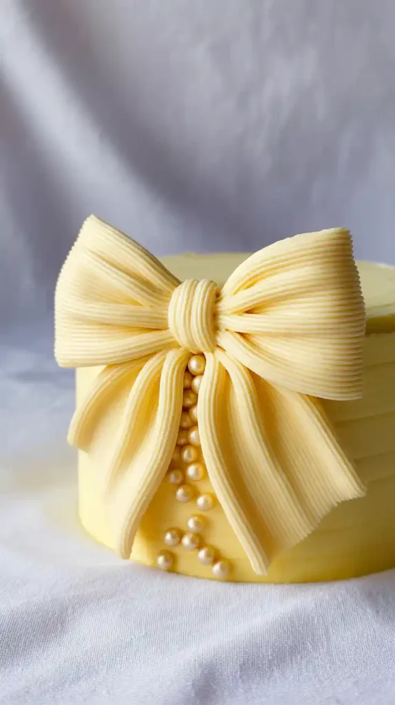 A close-up macro shot showing the intricate detail of a single, perfectly piped buttercream bow on the side of a cake."