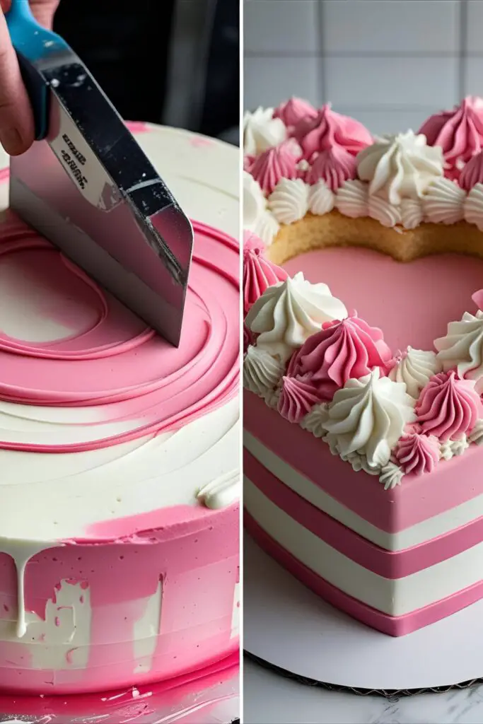 Two images showing the process of creating a watercolor frosting effect and a finished pink vintage-style cake.