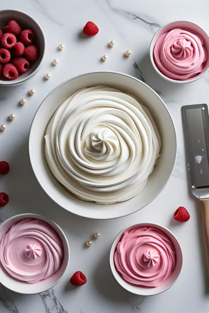  A collage of tools and ingredients for creating a pink aesthetic cake, including different shades of pink frosting and a bench scraper.