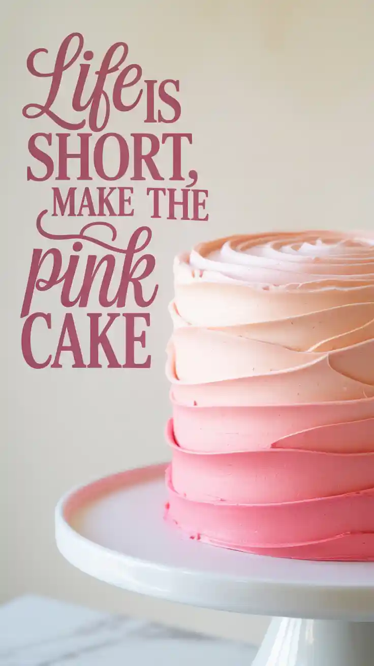 A Pinterest pin with the text "Life is Short, Make the Pink Cake" over a photo of a beautiful, modern pink cake.