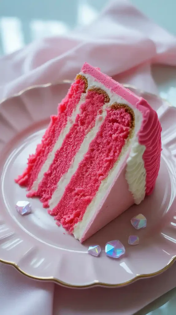 "A close-up of a slice of Barbie cake, showing the vibrant pink cake layers and ombré frosting."